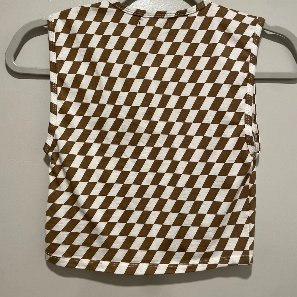 MOTEL Rocks Gimon Brown & White Checkered Crop Tank Top - S - Picture 7 of 11